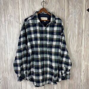 VTG Trails End Mens XL Plaid Flannel Shirt Blue Green Yellow Acrylic Hong Kong